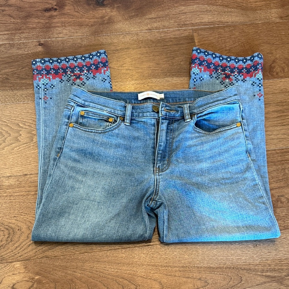 Tory Burch Jeans with Red and Blue Patterned Cuffs